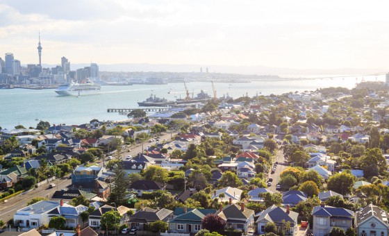 Aerial view of Devonport, Auckland, with harbour and city in background